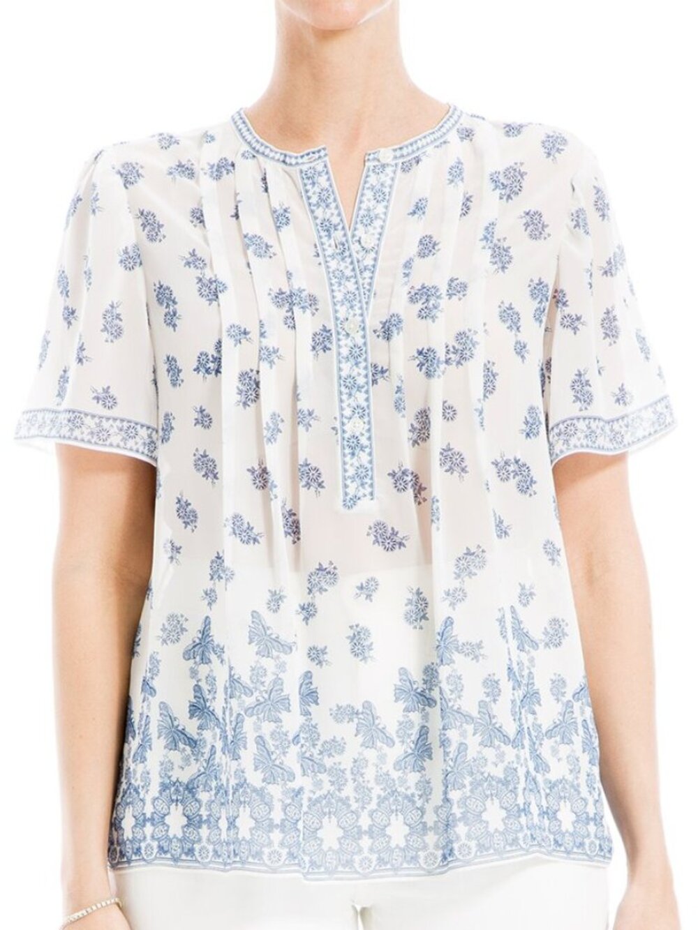 Max Studio London Blue Boho Cotton-blend Blouse